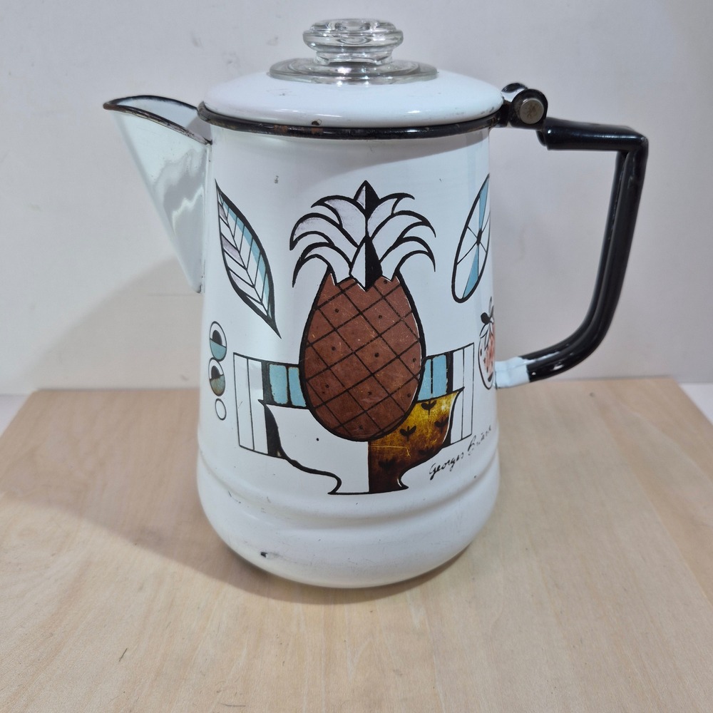Vintage Georges Briard Pineapple Enamel Coffee Percolator Pot White Fruit‎ MCM